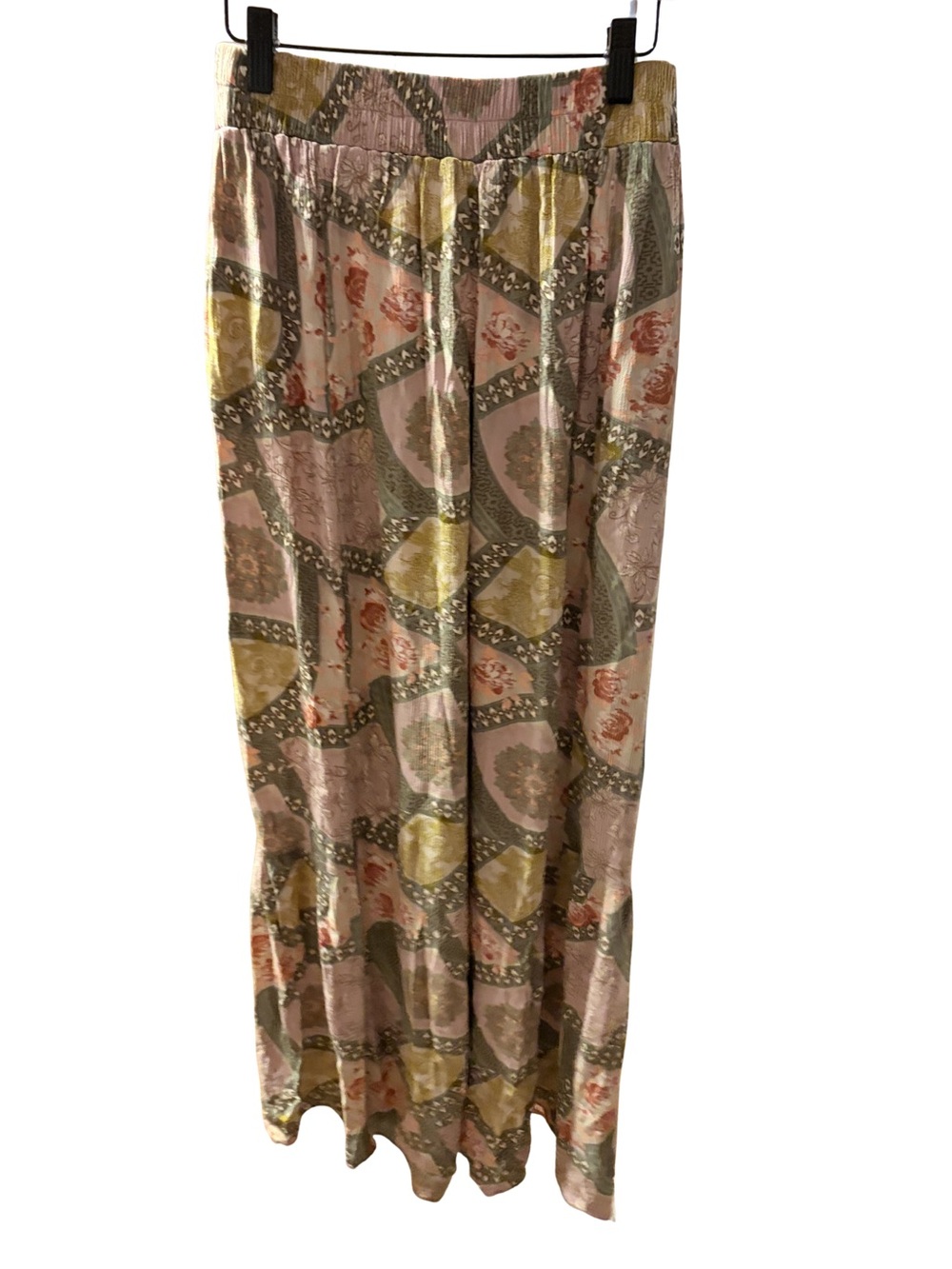 easel Pink, Olive & Gold Patterned Wide-Leg Palazzo Pants Small, Flared Bottom